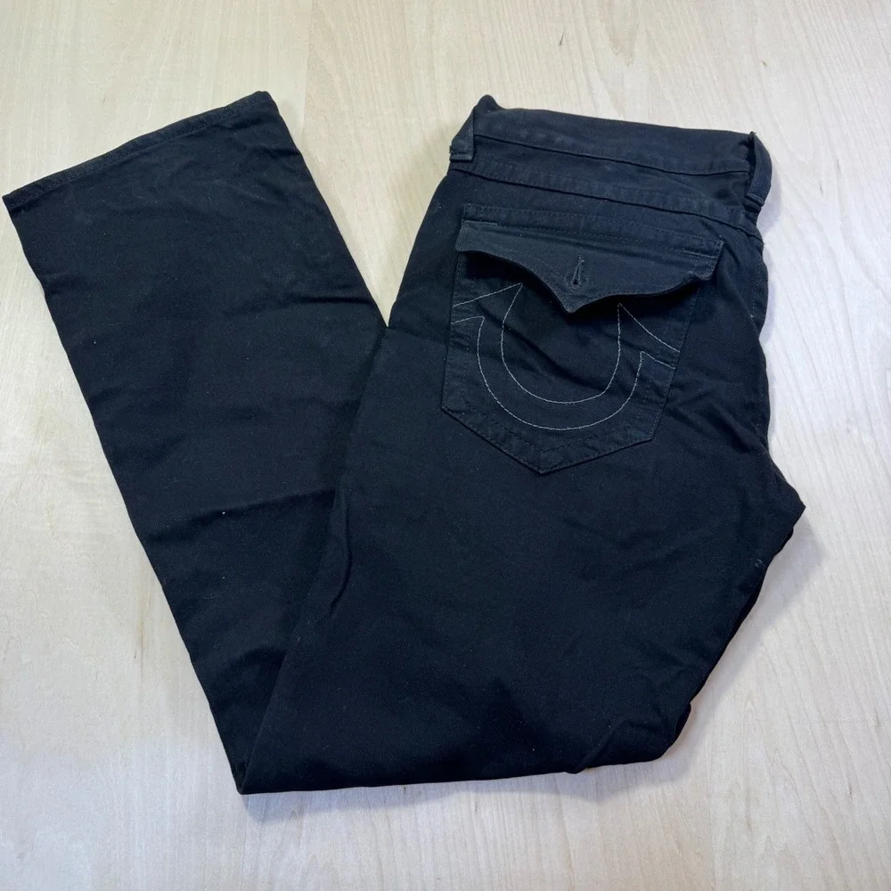True Religion Black Ricky Straight Jeans Mens‎ Size 36x34 Flap Pockets